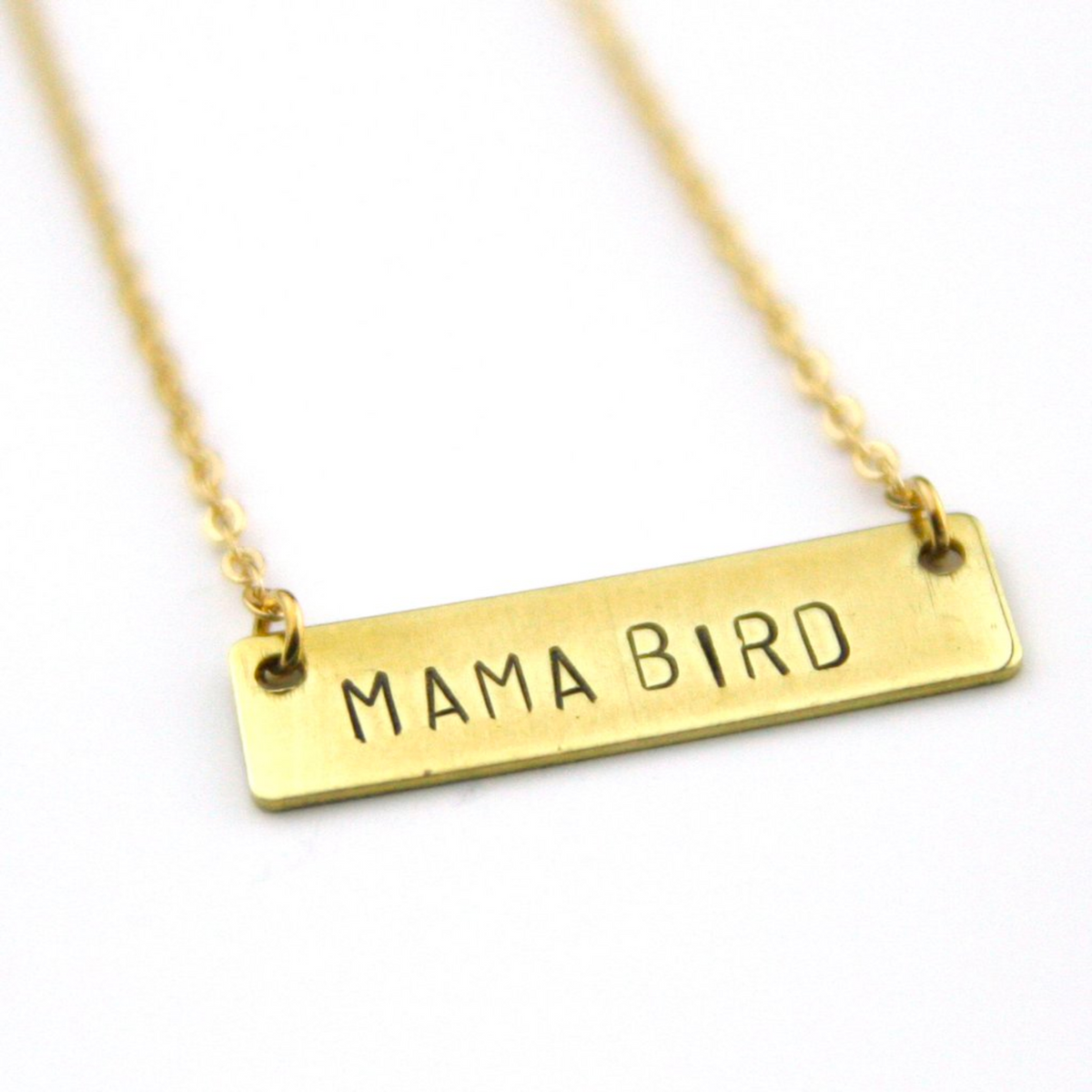 Mama Bird Hand Stamped Raw Brass Bar Necklace